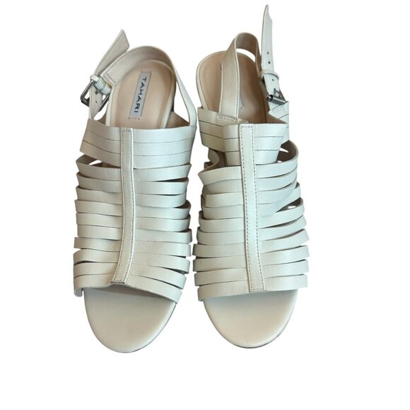 Tahari Makailyn Strappy White High Heel Sandals Leather Wood Block Heel Size 9.5 - Picture 3 of 11